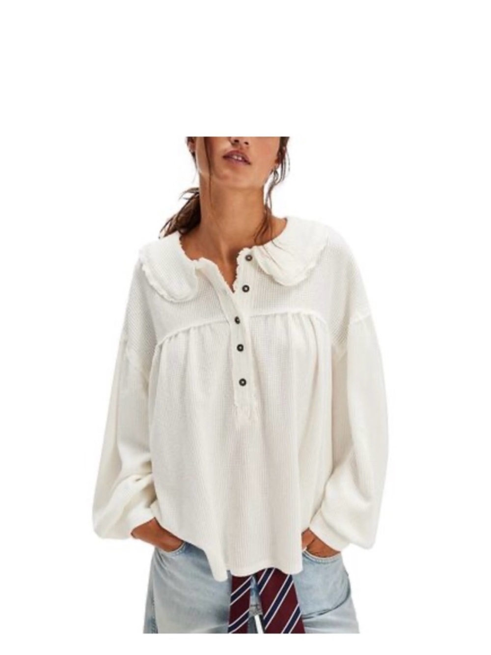 Free People Ivory Button-Up Peasant Blouse with Scalloped Collar